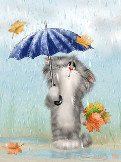 Cute Kitten with umbrella in the rain: Autumn :: Animated Pictures