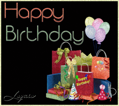 happy birthday , black background, glitter text, balloons :: Happy